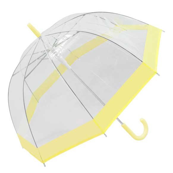 Pastel yellow bordered clear dome umbrella - open, angled