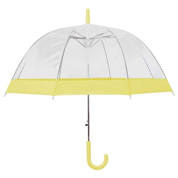 Pastel yellow bordered clear dome umbrella - open, vertical