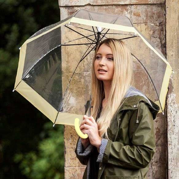 Pastel Yellow Bordered Clear Dome Umbrella - modelled