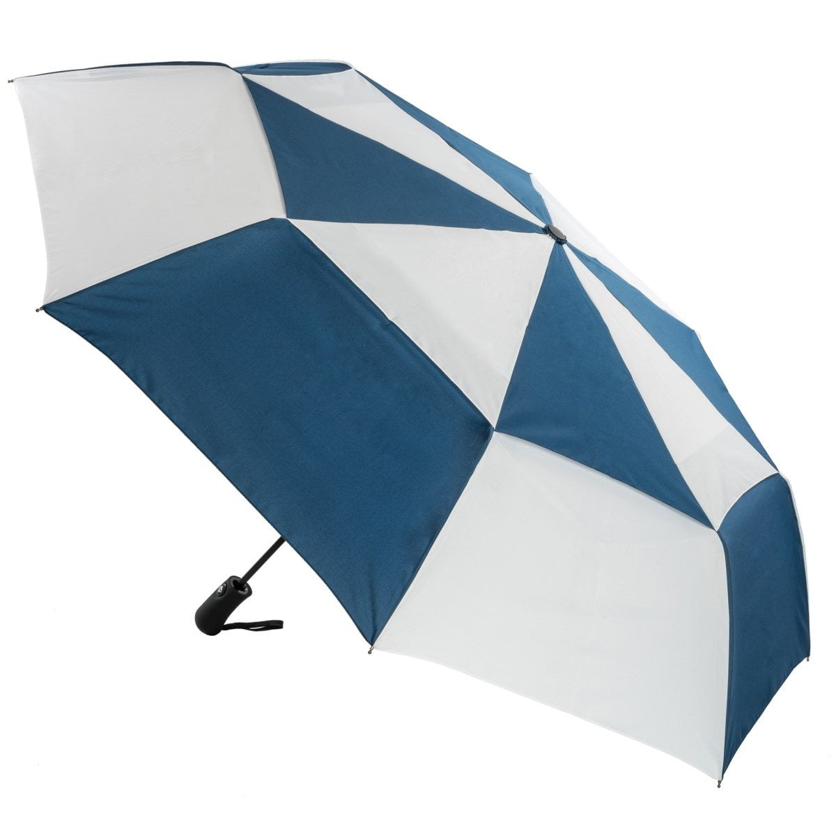 Navy and white folding golf umbrella.