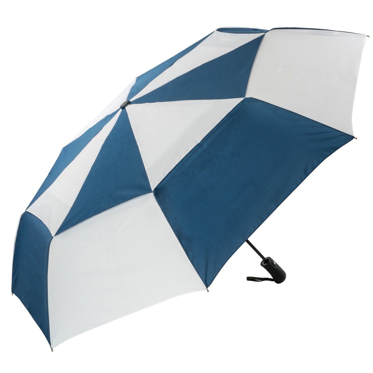 Navy and white folding golf umbrella.