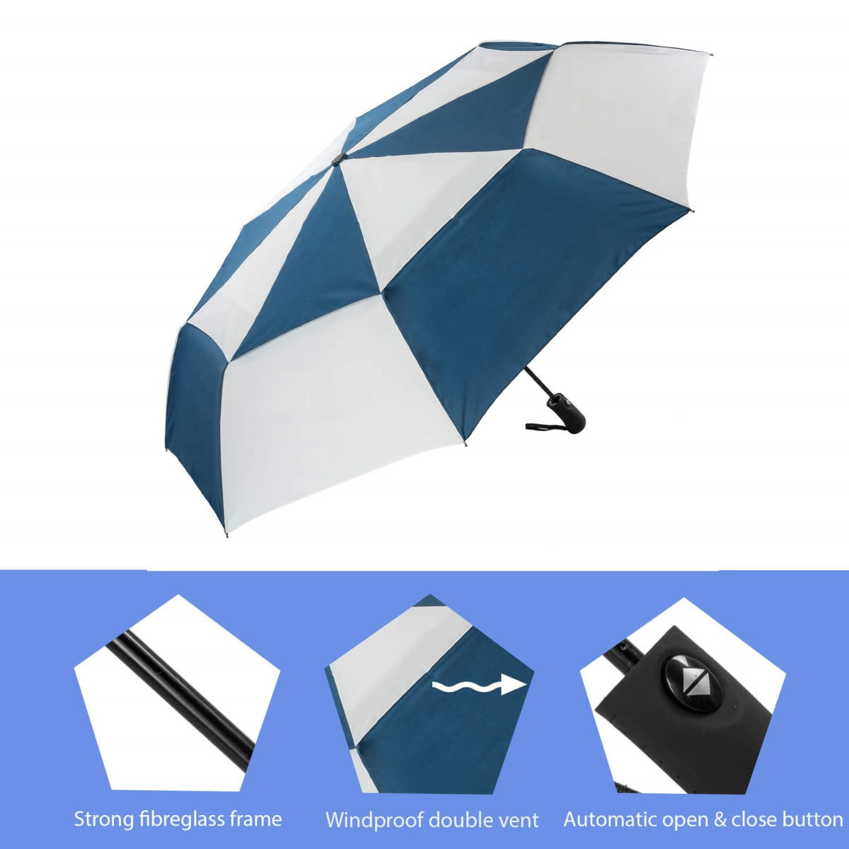 Navy and White Folding Golf Umbrella showing features