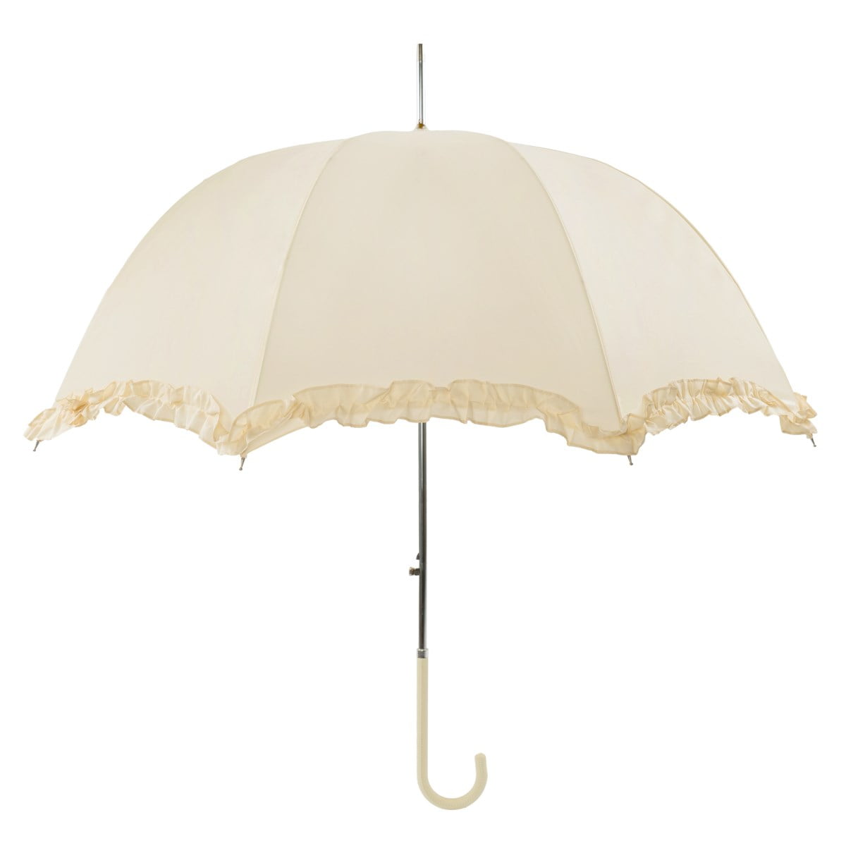 Ivory Frilled Umbrella with scalloped edge open, vertical