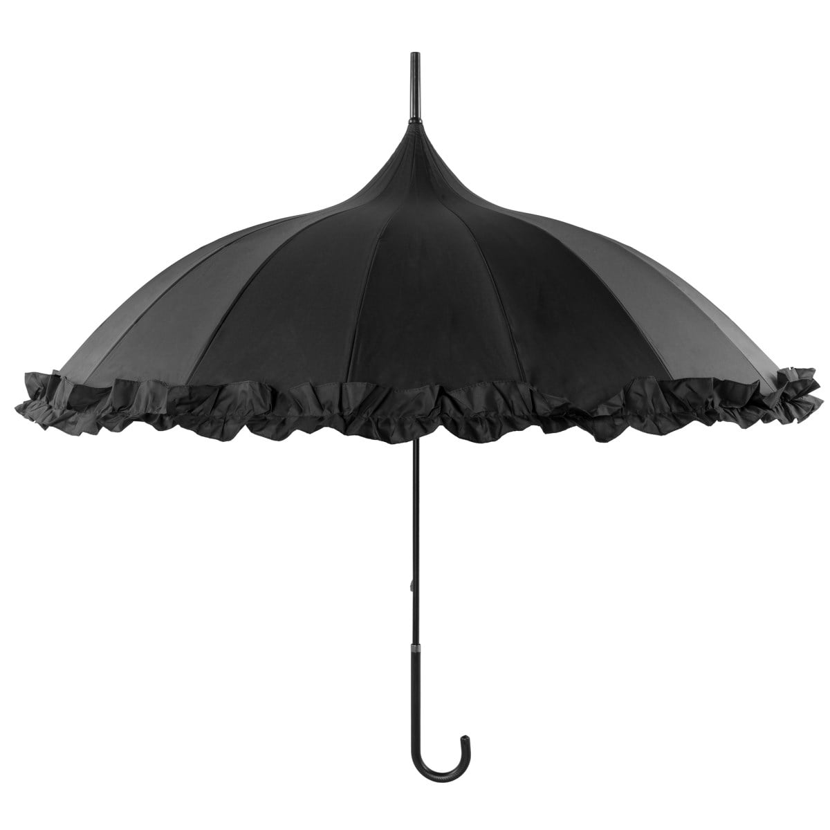 Frilly Black Pagoda Umbrella open, vertical