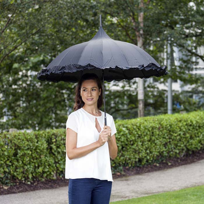 Frilled Black Pagoda Umbrella modelled