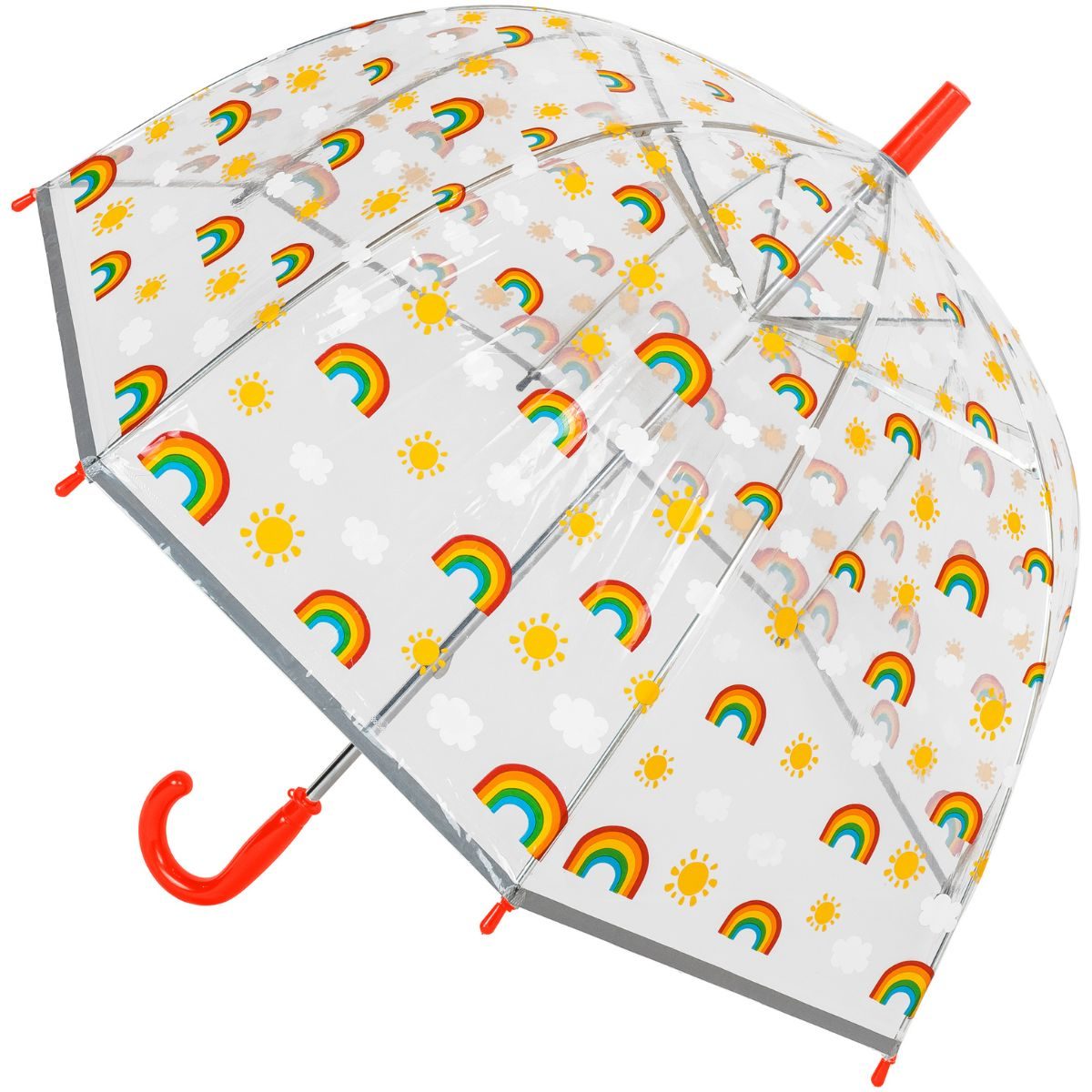 clear rainbow umbrella with red handle and tip