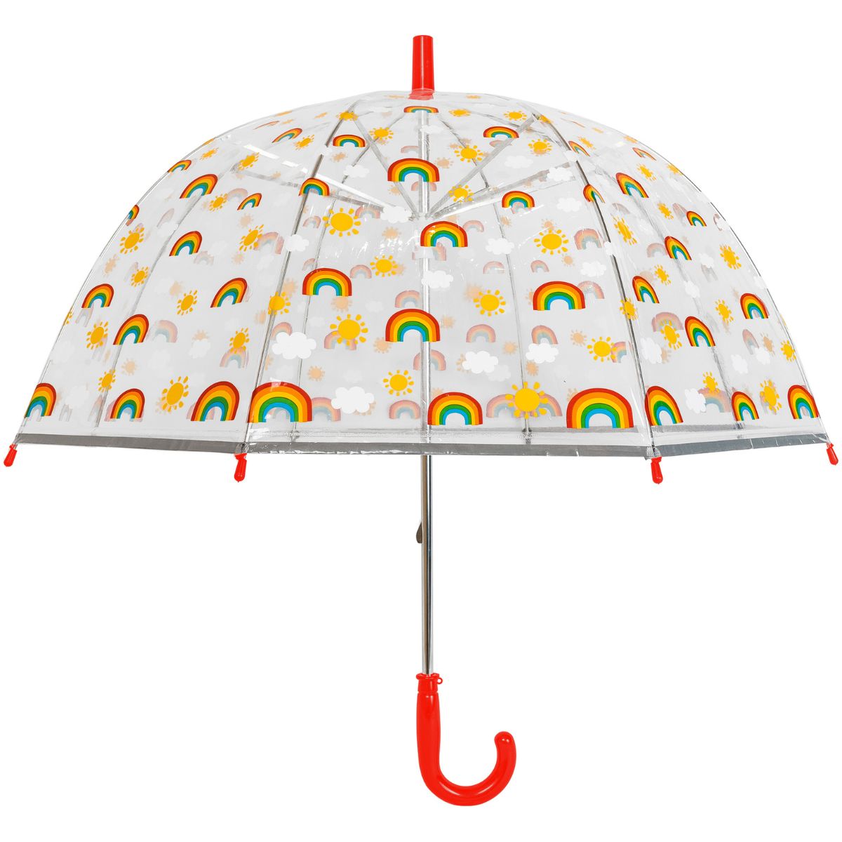 children's rainbow umbrella with red handle and tip viewed upright and open