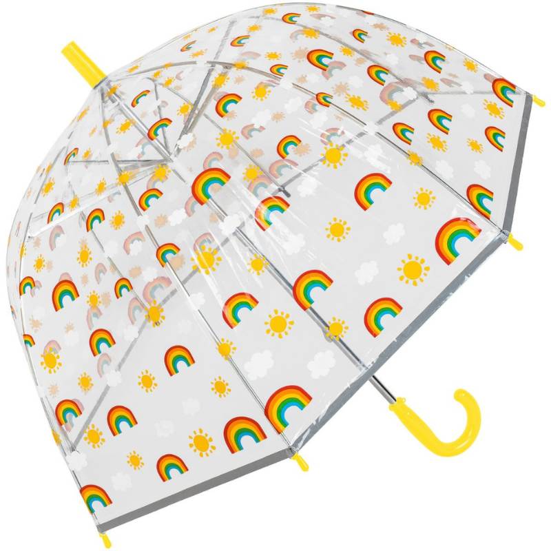Clear see-through Children's rainbow umbrella with yellow handle and tip