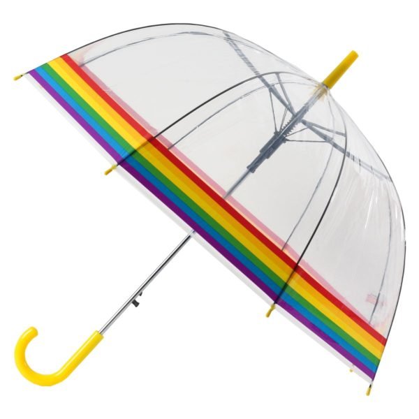 Rainbow Clear Dome Umbrella - Yellow Handle - Angled