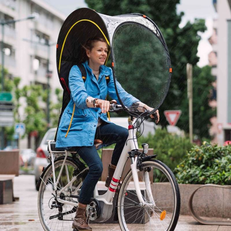 Bicycle Umbrella – lady in rain on bike