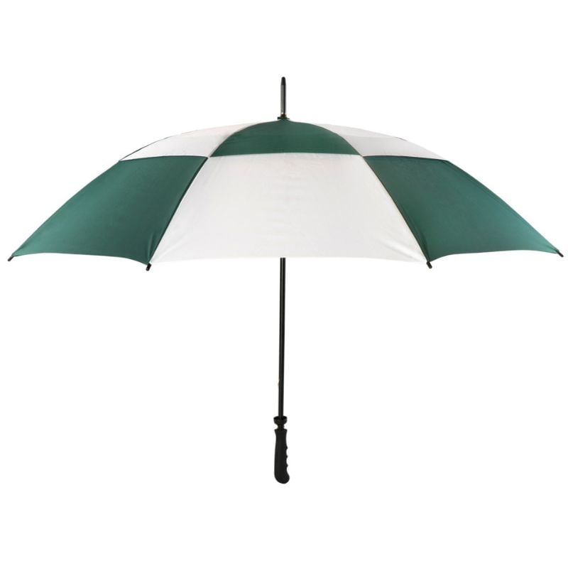 Green and white vented umbrella opened