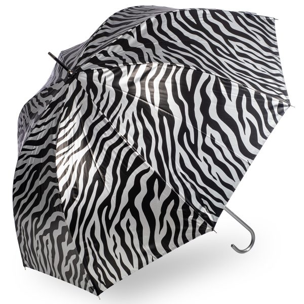 This Black And Silver Zebra Print Umbrella Has Uv Protection And An Auto-Open Mechanism.