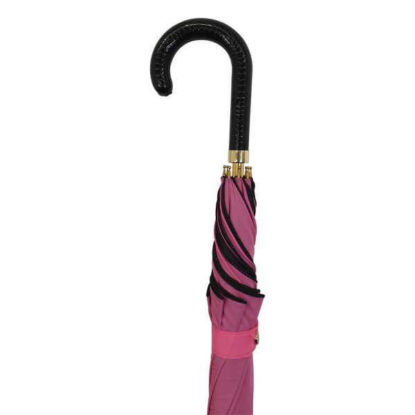Freya - Pink And Black Gothic Pagoda Umbrella - Showing Leather Crook Handle.